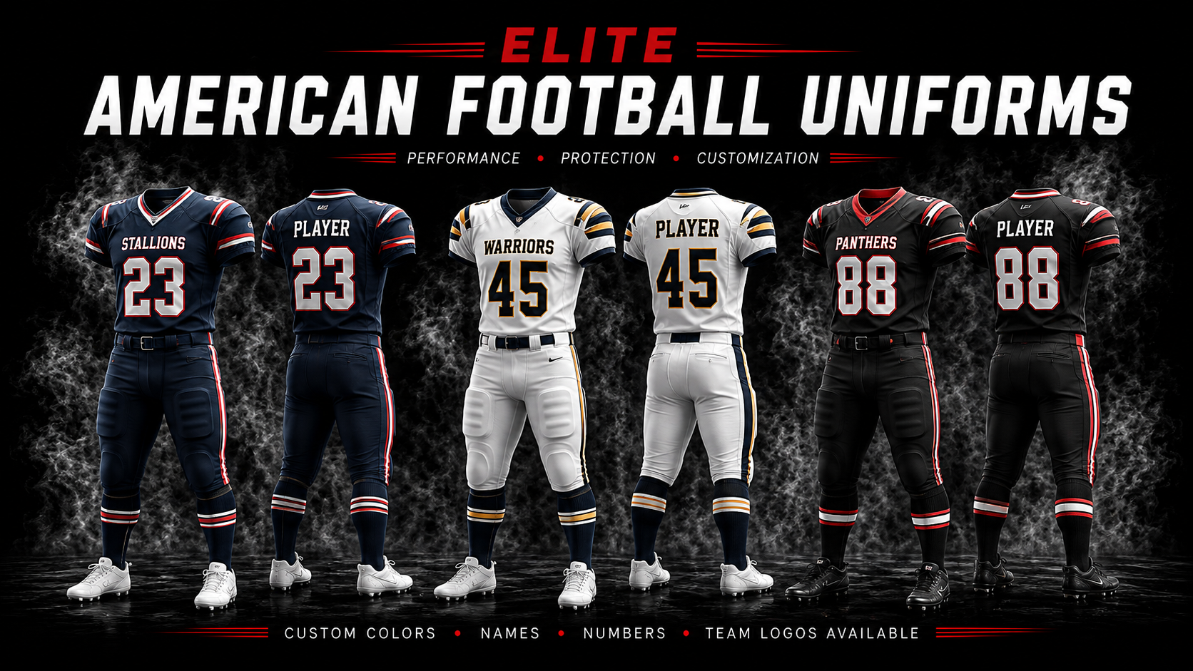 Elite American football uniforms with custom colors, names, numbers and team logos