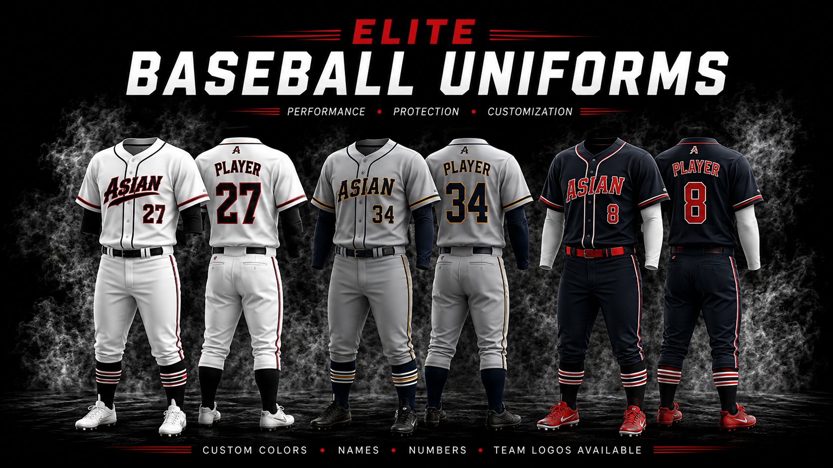 Elite baseball uniforms with custom colors, names, numbers and team logos