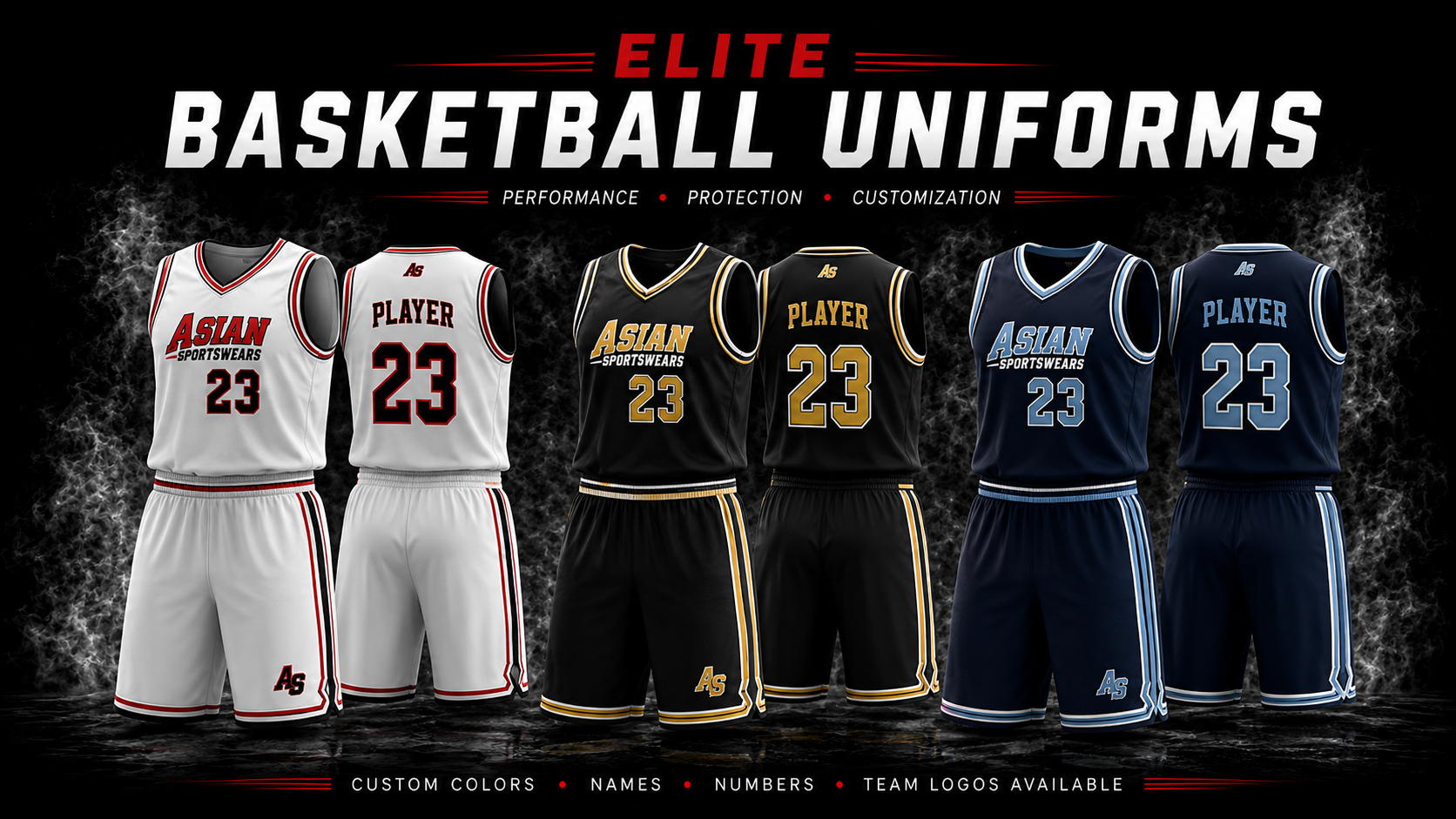 Elite basketball uniforms with custom colors, names, numbers and team logos