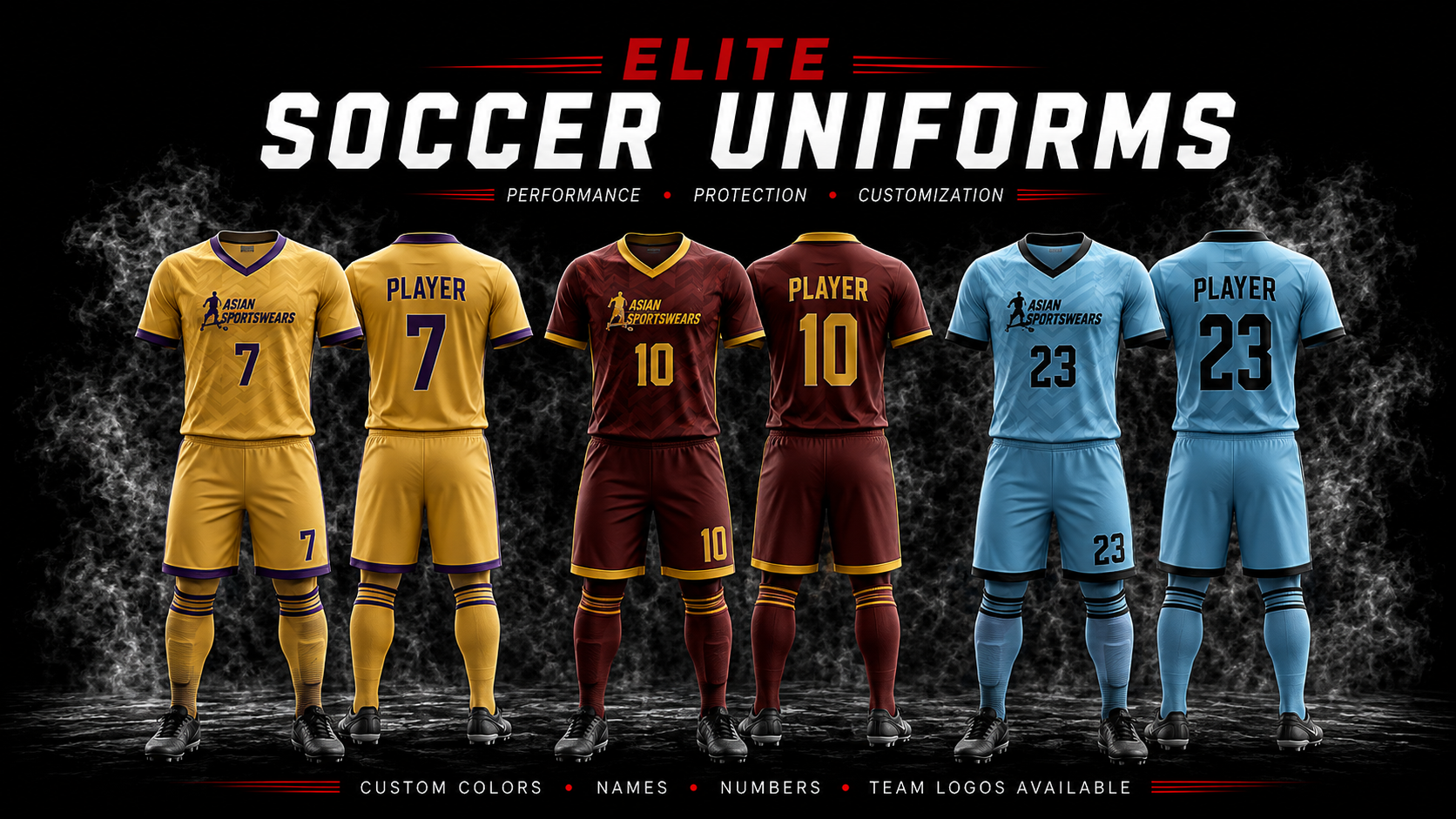 Elite soccer uniforms with custom colors, names, numbers and team logos