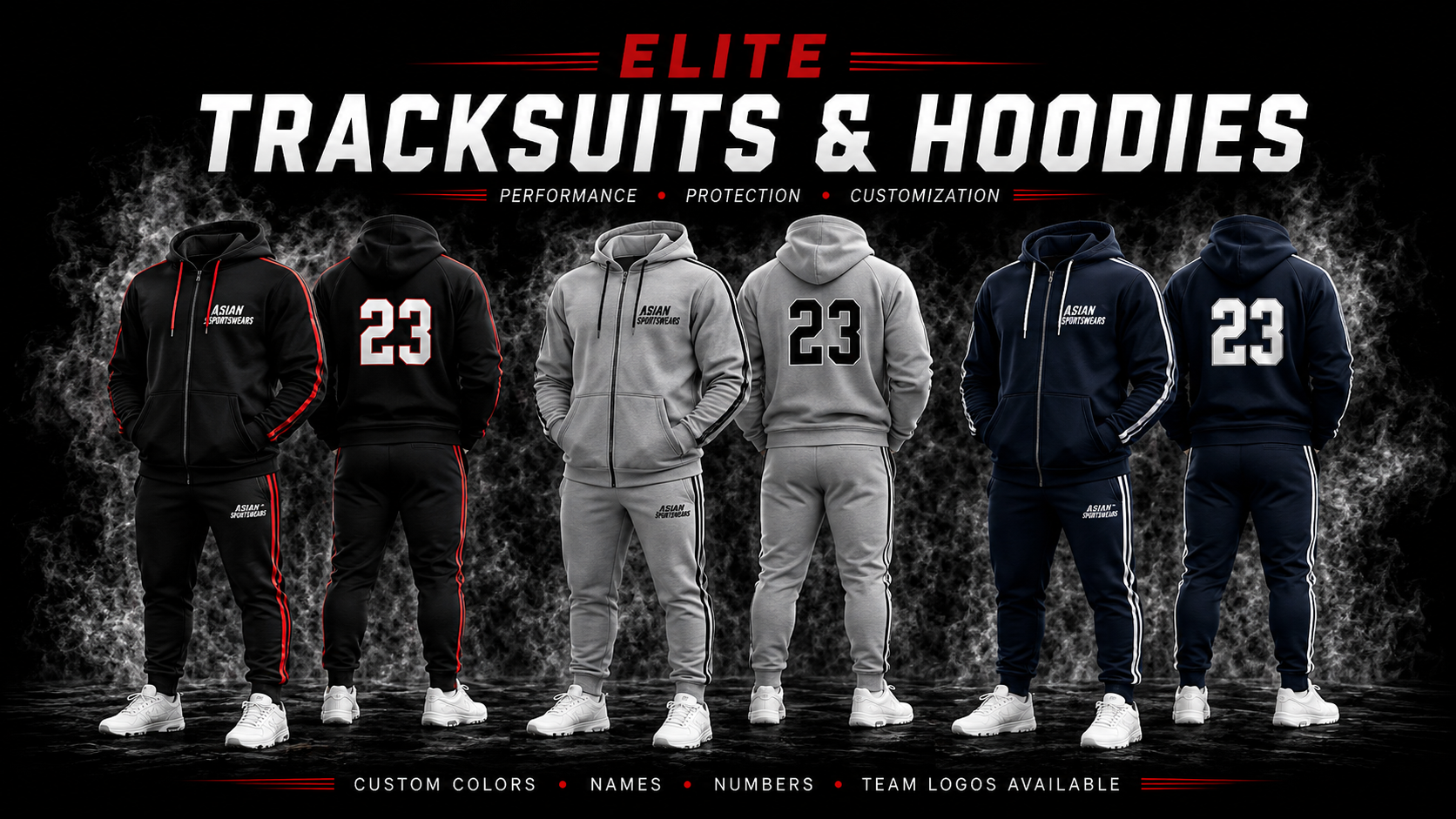 Elite tracksuits and hoodies with custom colors, names, numbers and team logos