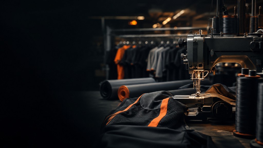 Industrial machine stitching a contrast panel into a training jersey