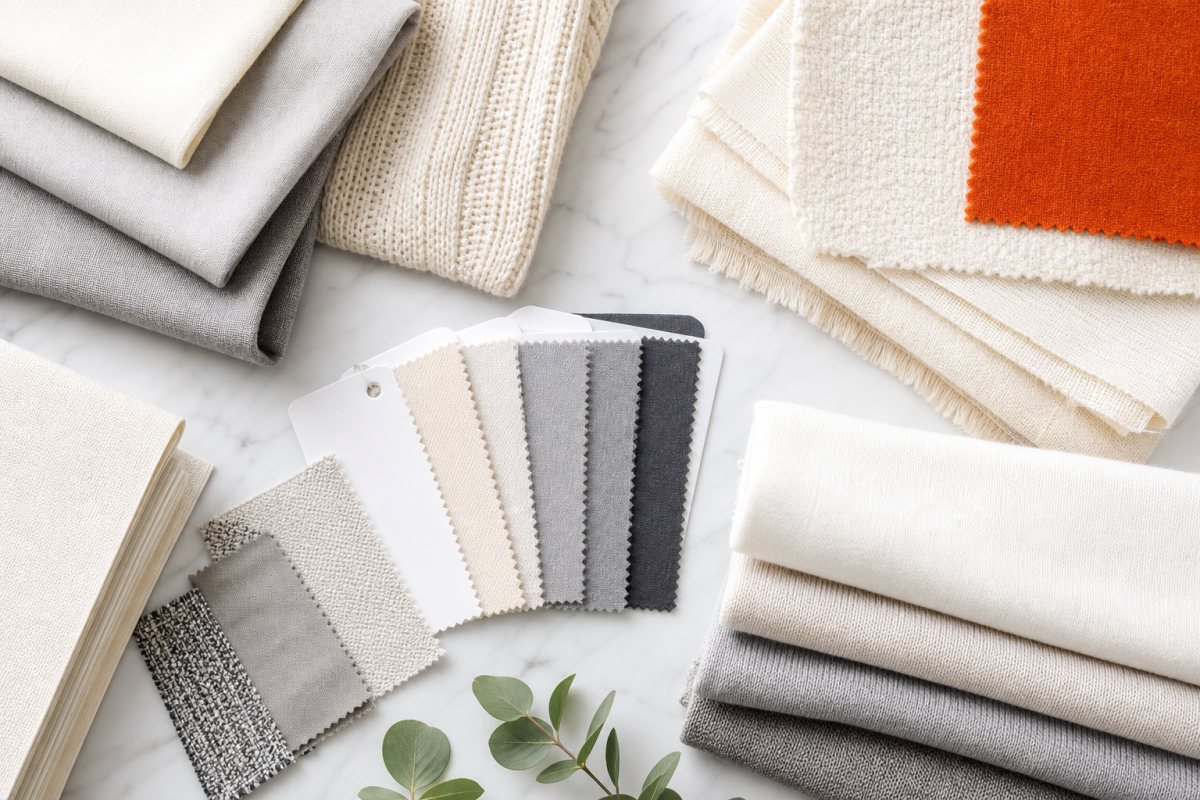 Cream, grey and orange fabric stacks prepared for sourcing review