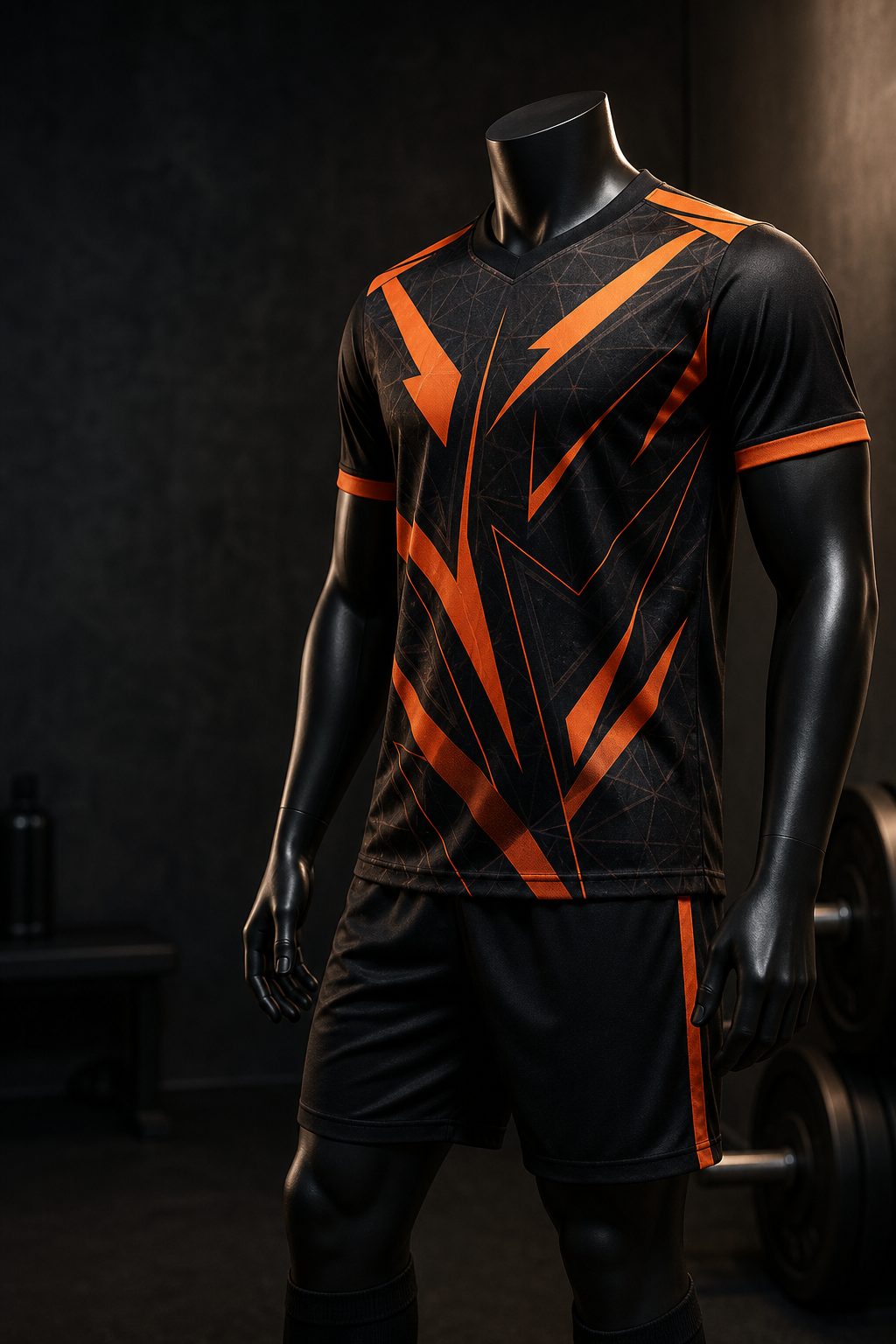 Custom sublimated team jersey with orange accent panels on a black mannequin