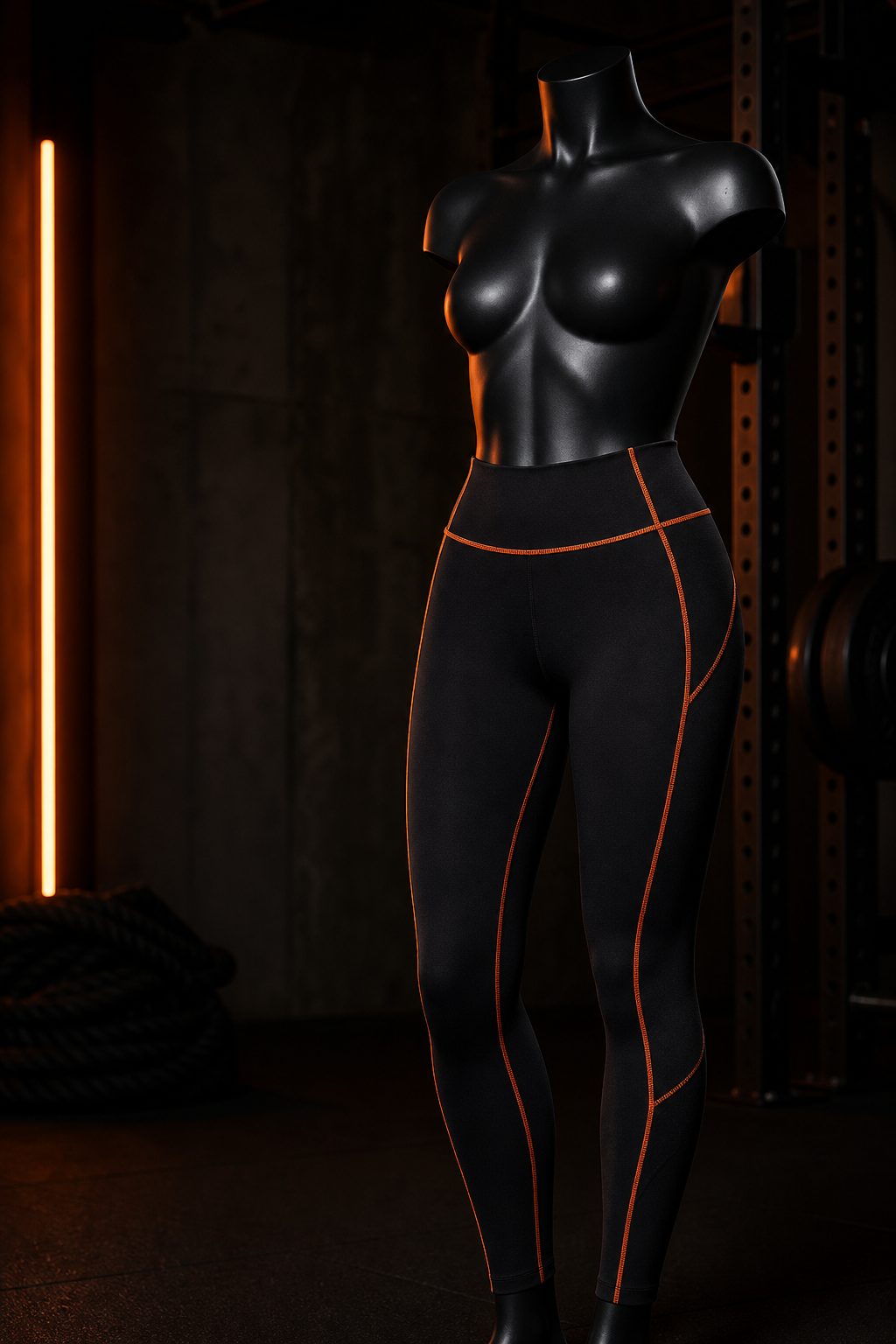 High-waist sculpt leggings with orange contrast stitching on a fitness mannequin