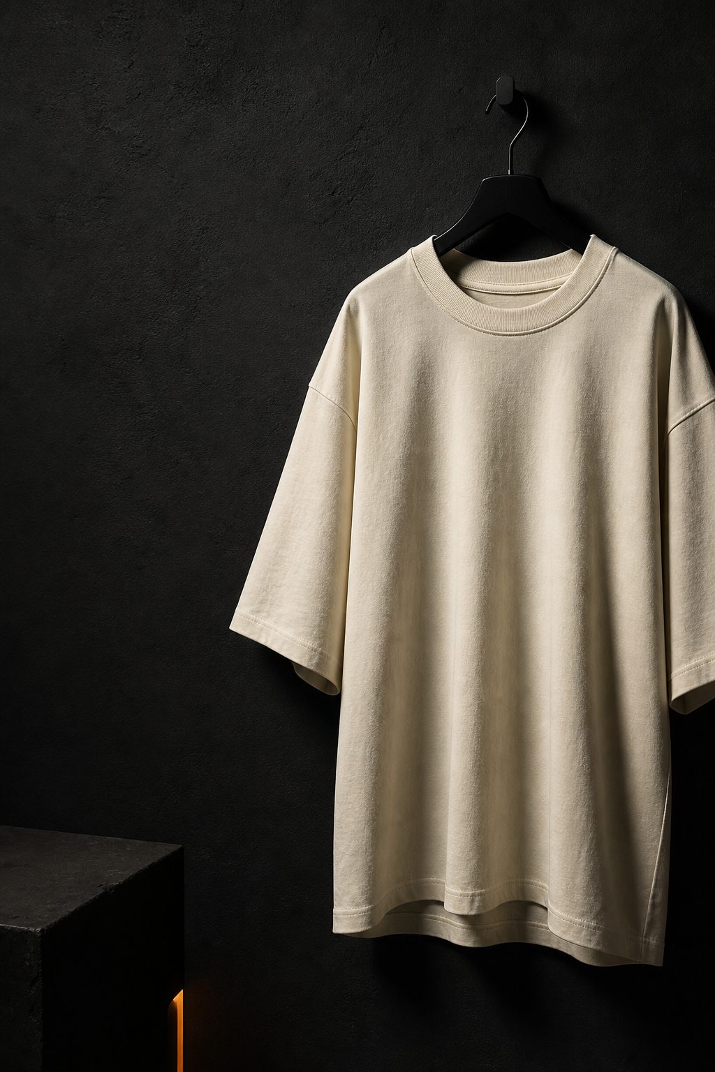 Heavyweight boxy t-shirts in cream and charcoal styled in a dark studio