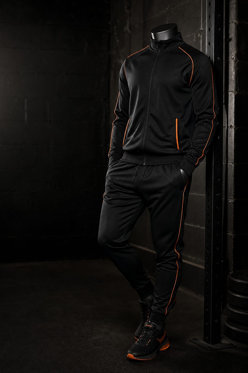 Two-piece training tracksuit with orange piping on a black mannequin
