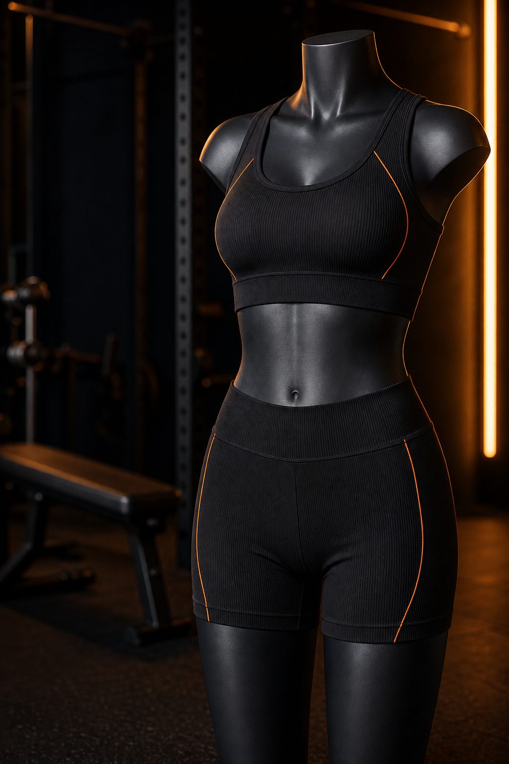 Seamless ribbed training set with orange accents on a black mannequin