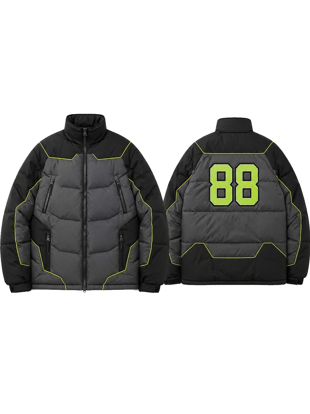 Custom Puffer Jackets Charcoal Neon Puffer Jacket manufactured by Haiza Intl