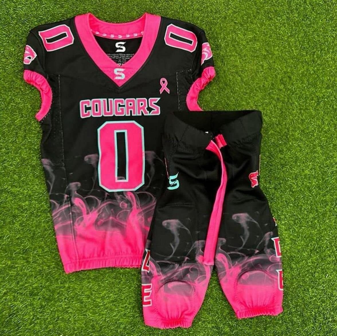Black and pink football jersey with matching smoke-print pants