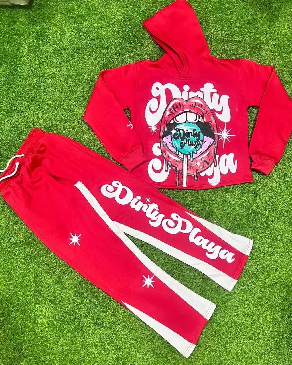 Fleece hoodie and jogger tracksuit in red orange and pink colorways