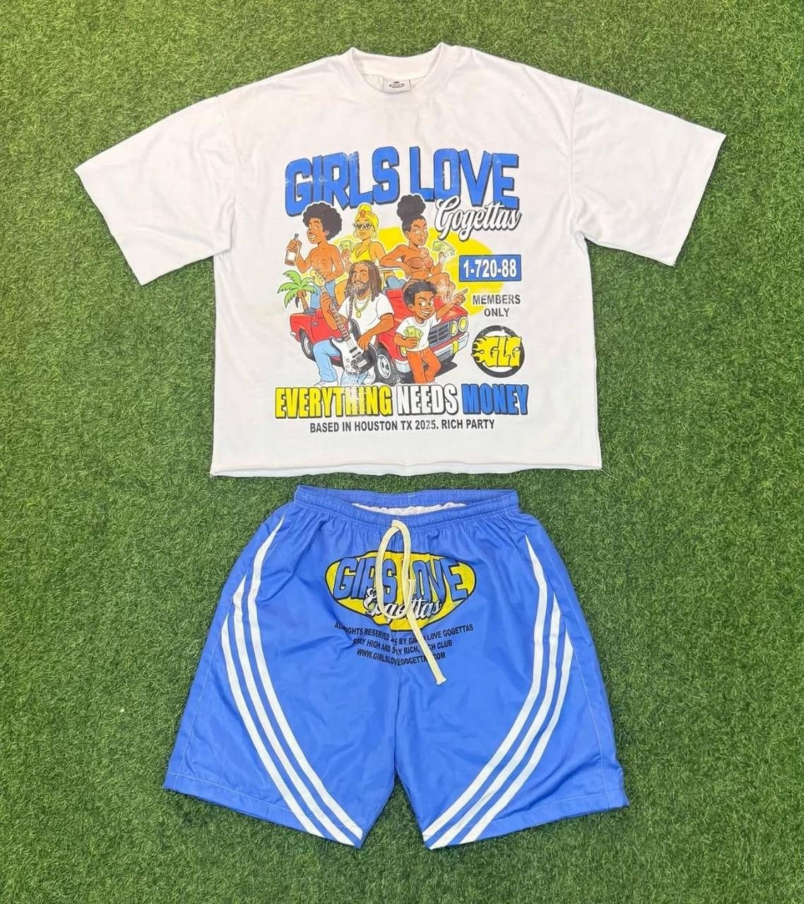 White graphic tee with red or light blue mesh shorts streetwear set detail 1