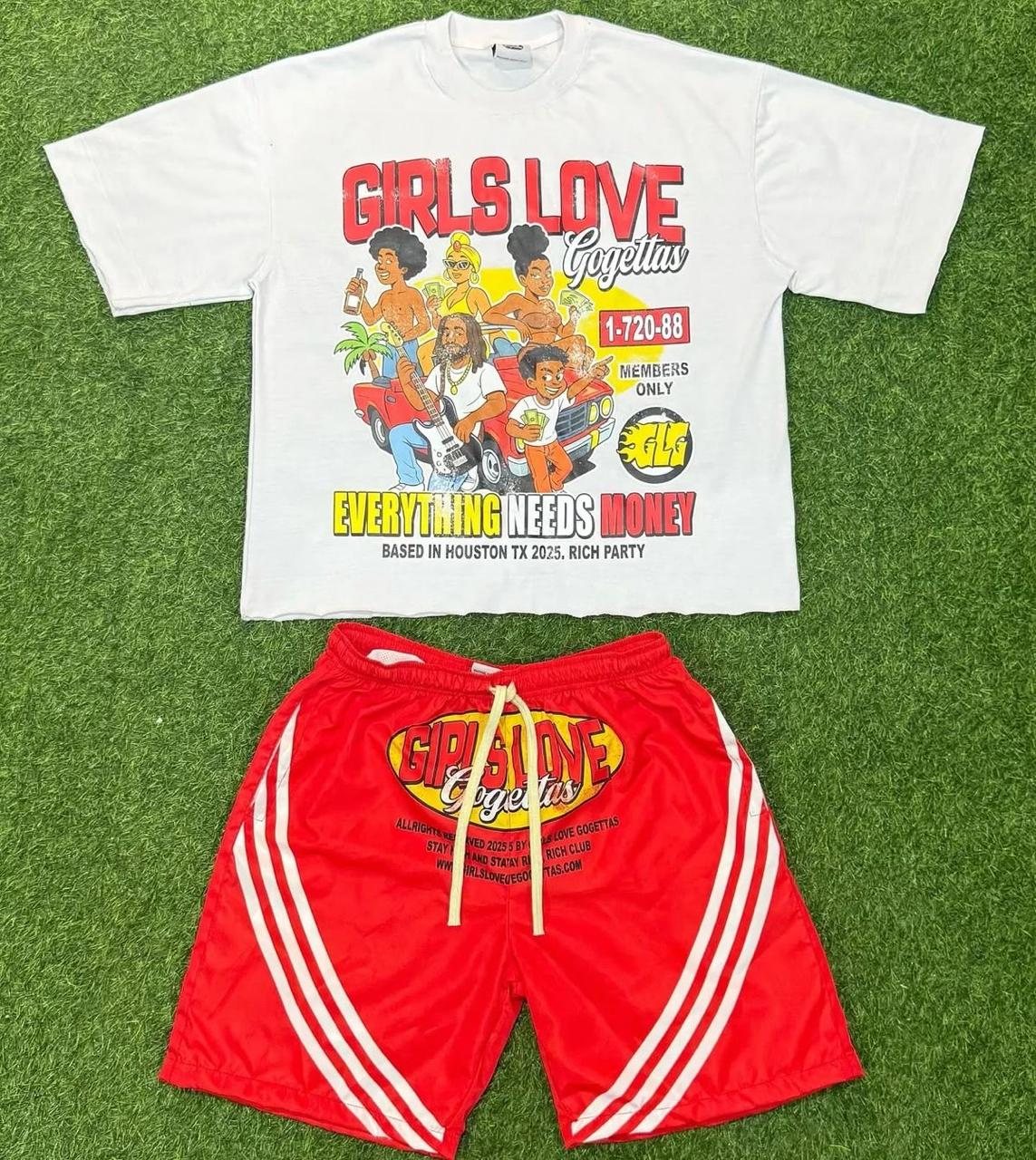 White graphic tee with red or light blue mesh shorts streetwear set
