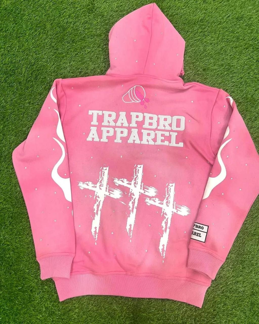 Rhinestone flame graphic zip hoodie in pink and acid-wash grey detail 1