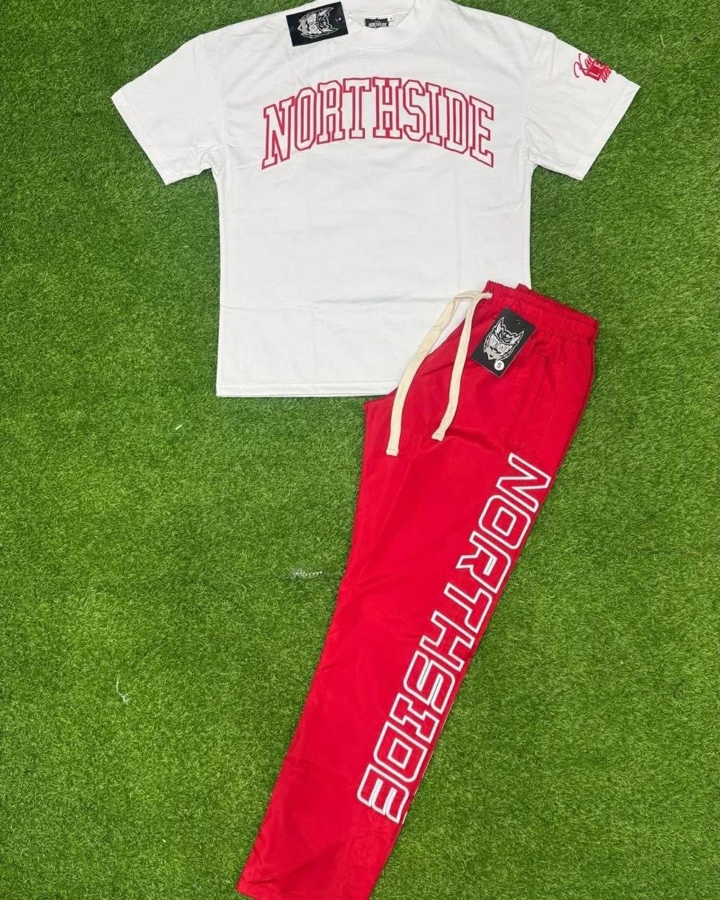 Custom white varsity tee with black and red track pants colorways detail 1