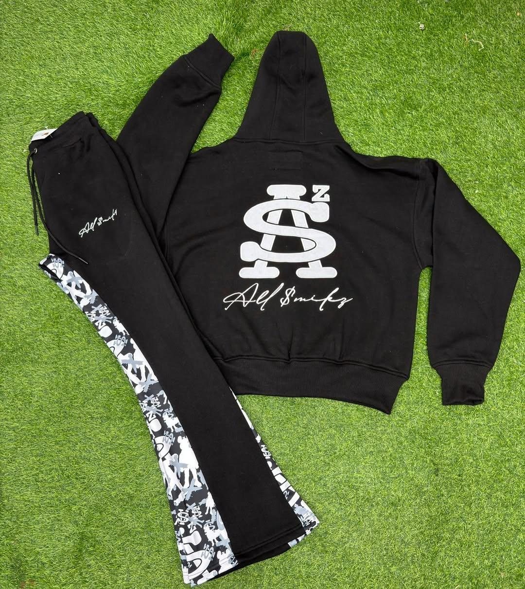 Custom black zip hoodie and flared pants with printed side panels detail 1