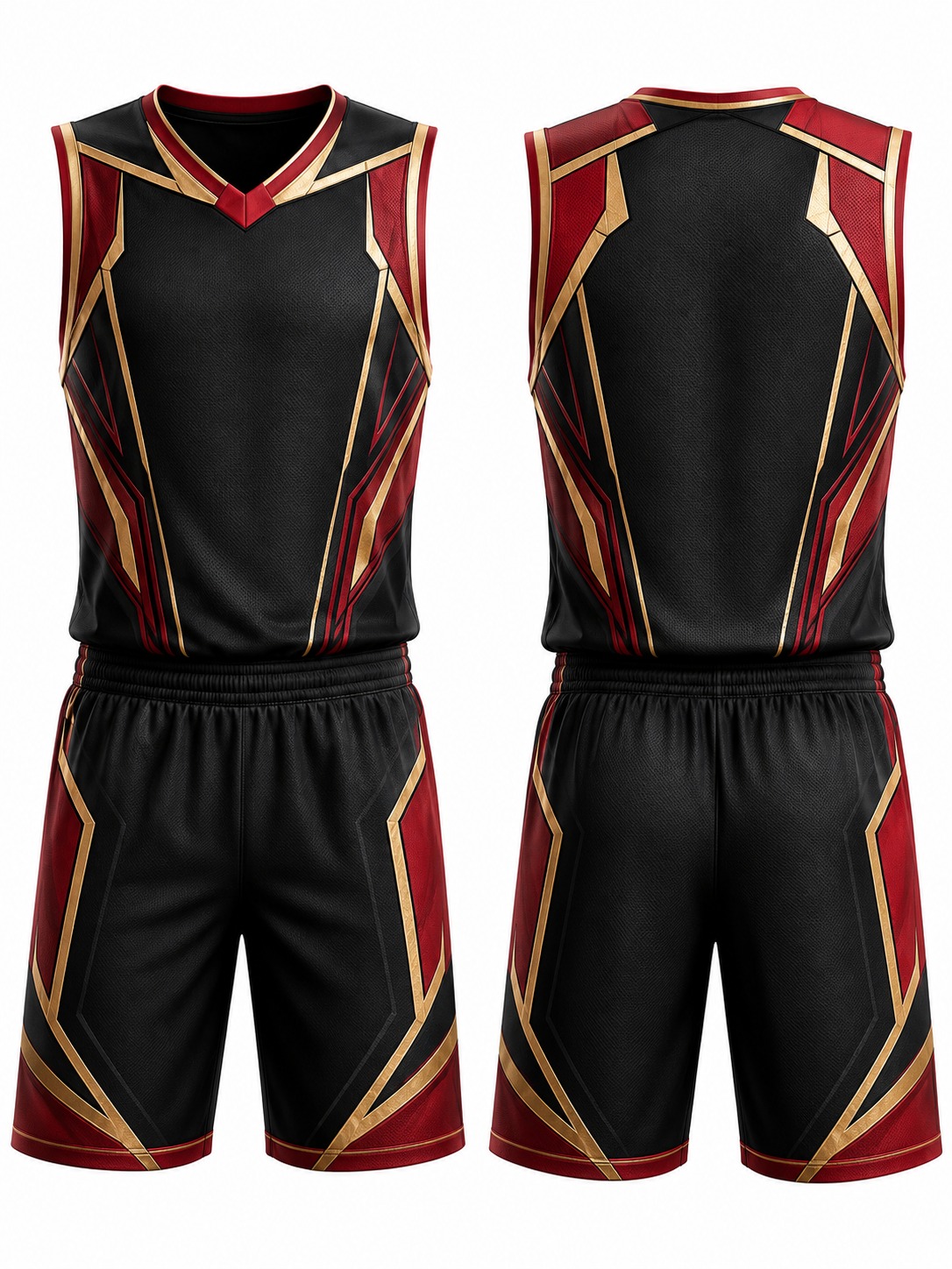 Custom Basketball Black Red And Gold Basketball Uniform manufactured by Haiza Intl