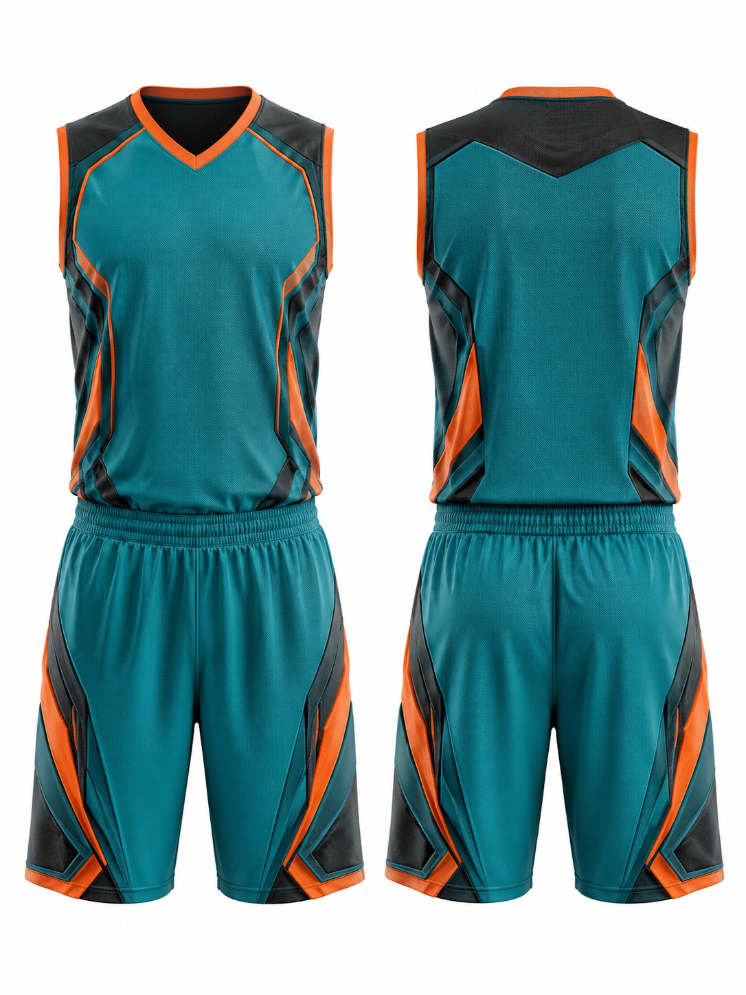 Custom Basketball Teal And Orange Geometric Basketball Uniform manufactured by Haiza Intl