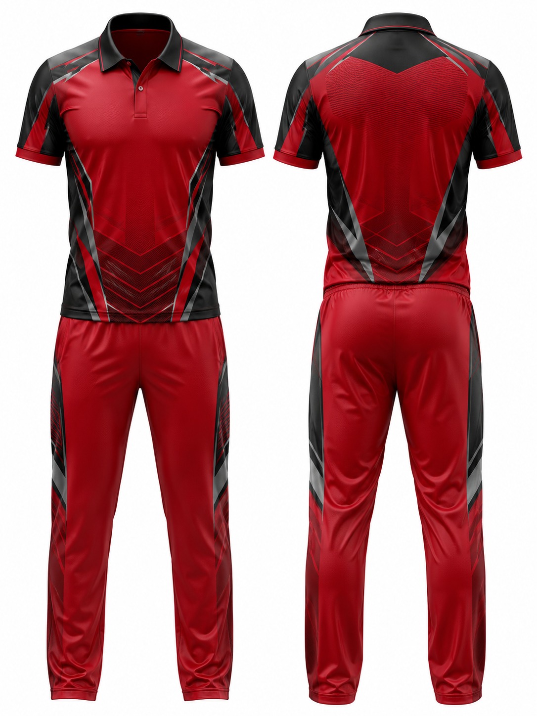 Custom Cricket Red And Black Geometric Athletic Uniform manufactured by Haiza Intl