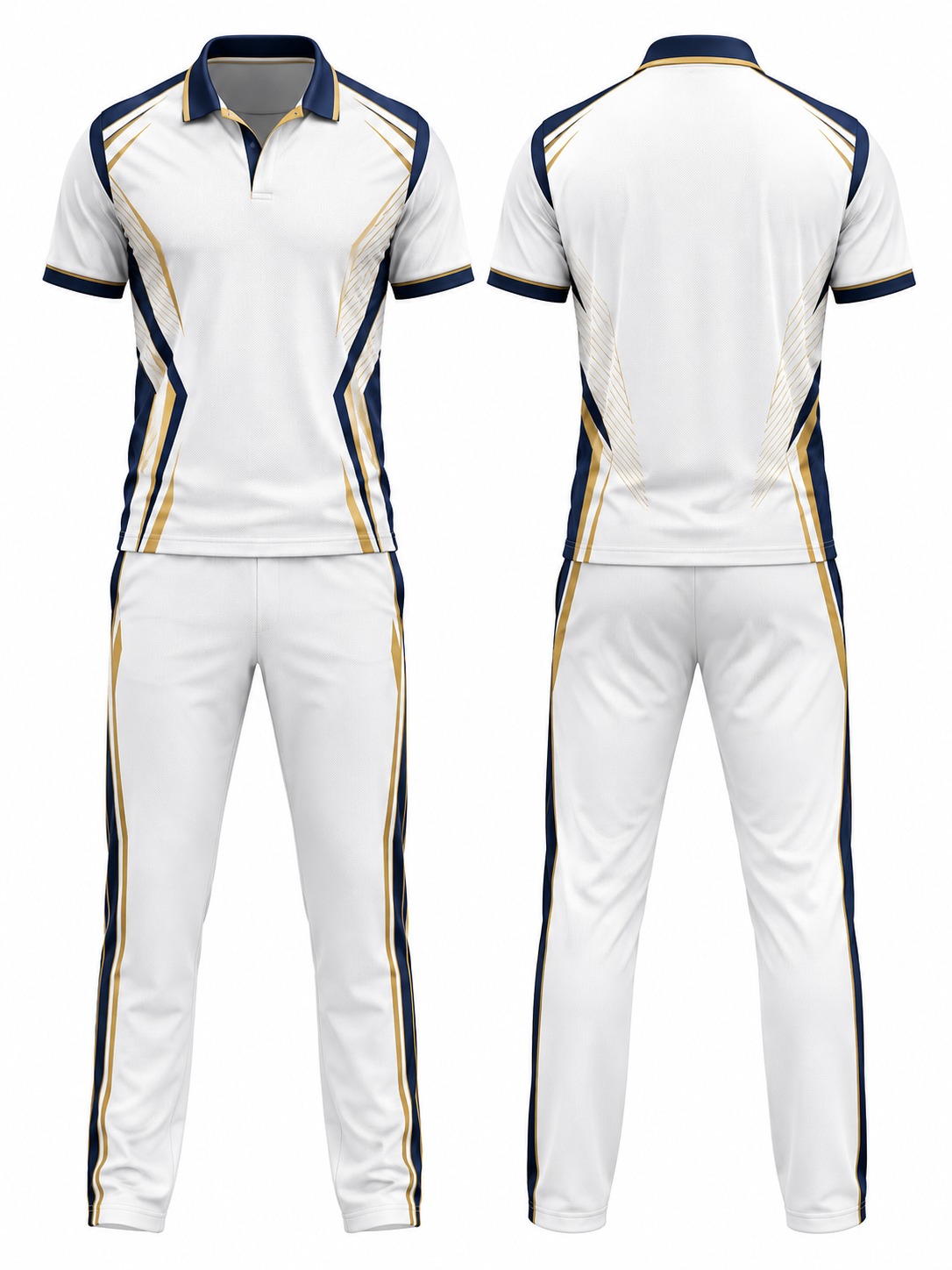Custom Cricket White Navy And Gold Uniform manufactured by Haiza Intl