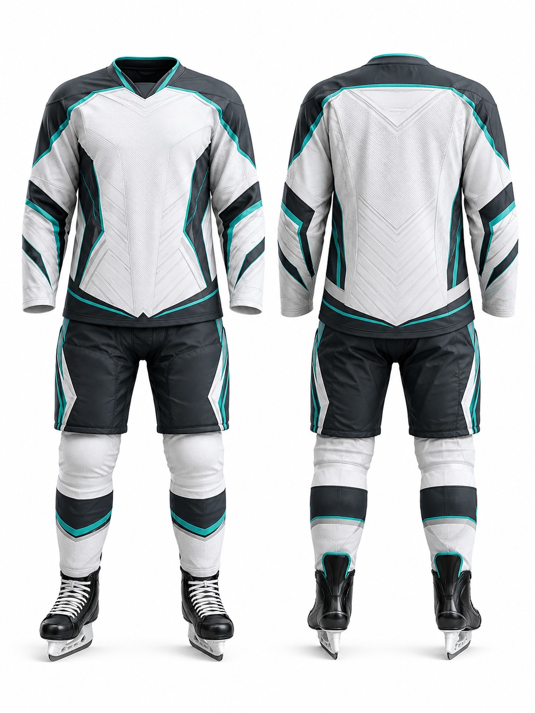 Custom Ice Hockey Aqua Charcoal Hockey Uniform manufactured by Haiza Intl