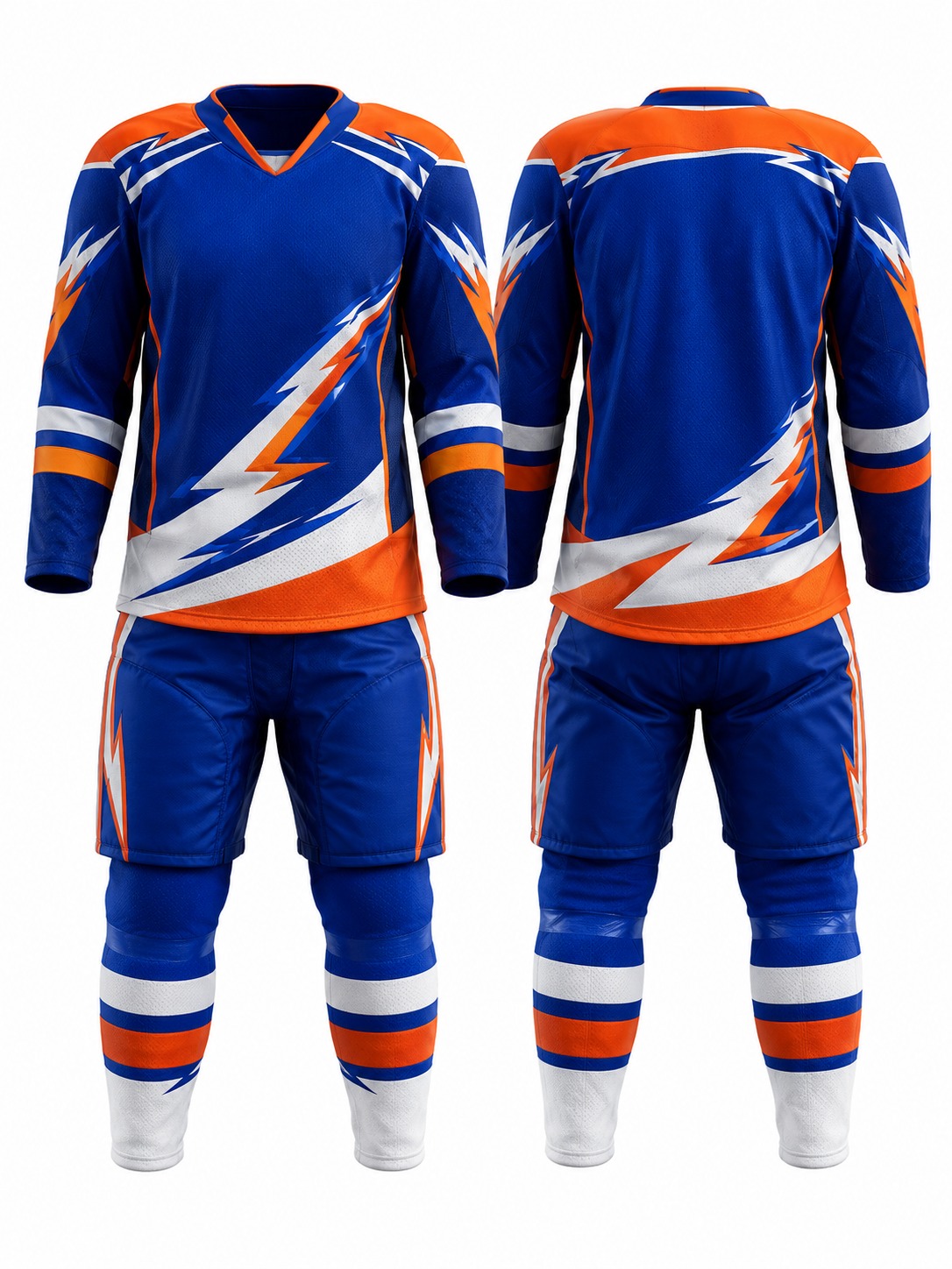 Custom Ice Hockey Blue Orange Lightning Hockey Uniform manufactured by Haiza Intl