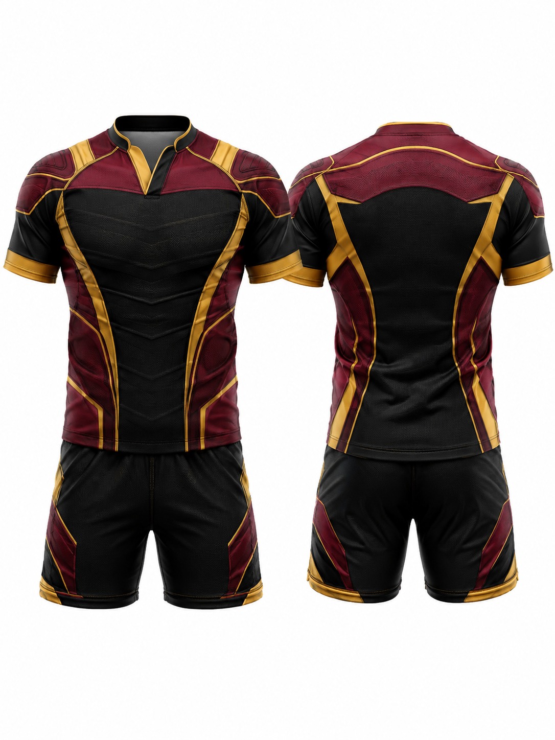 Custom Rugby Maroon Black And Gold Athletic Kit manufactured by Haiza Intl