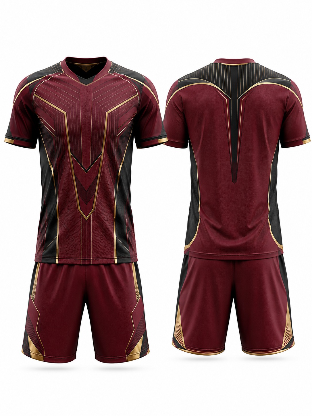 Custom Soccer Maroon Gold Geometric Soccer Kit manufactured by Haiza Intl